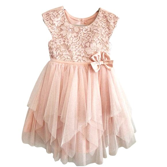 Jona Michelle GIRLS Lace Dress 5 Bow Tulle Glitter Party PINK GLITTER 5 - Picture 1 of 12